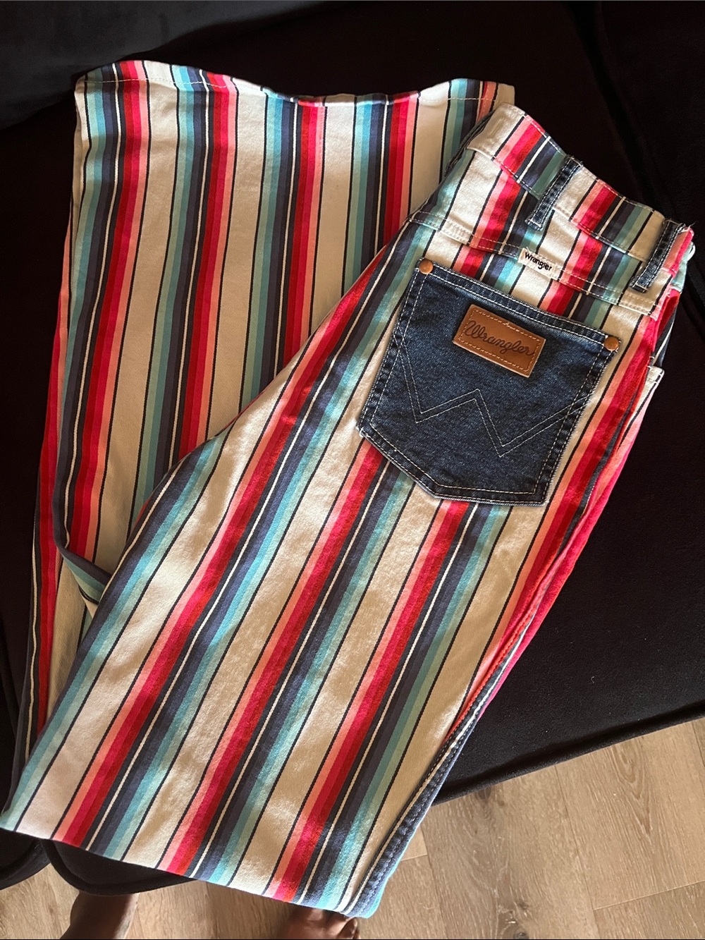 Beautiful Wrangler Striped Jeans in Red, Aqua, Teal and Cream.